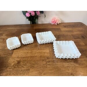 Vintage Milk‎ Glass Hobnail Dishes 4 Rectangular and Square Candy Trinket Bowls
